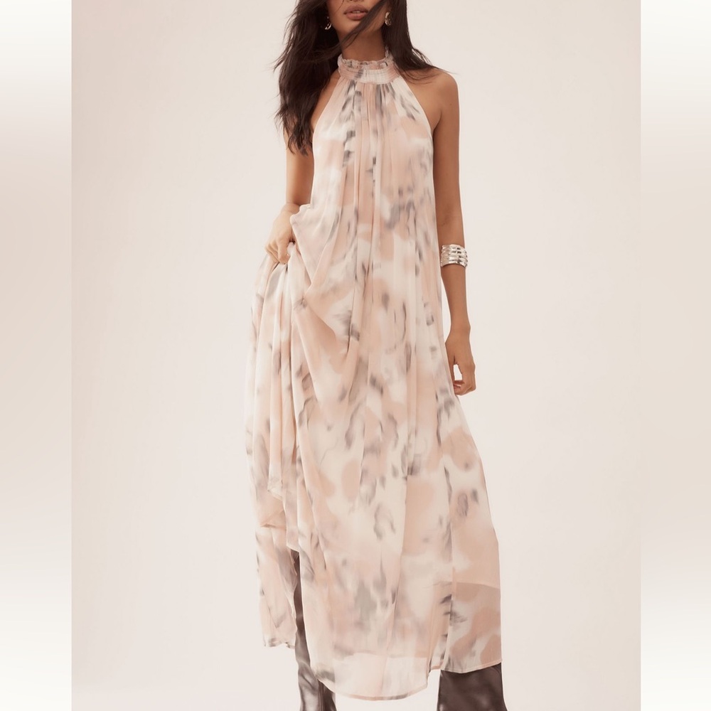 Anthropologie Blush Pink Watercolor Halter Maxi Dress